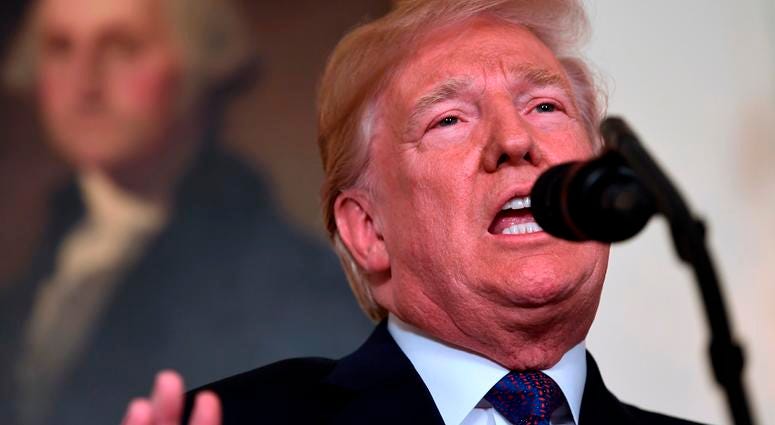 President Donald Trump speaks about Syria attacks President Donald Trump speaks in the Diplomatic Reception Room of the White House on Friday, April 13, 2018, in Washington, about the United States' military response to Syria's chemical weapon attack on April 7