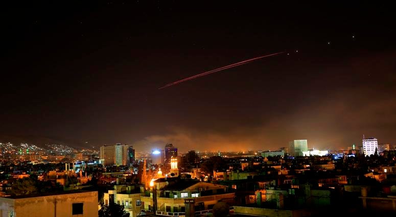 Bombs over Syrian city yria's capital has been rocked by loud explosions that lit up the sky with heavy smoke as U.S. President Donald Trump announced airstrikes in retaliation for the country's alleged use of chemical weapons.