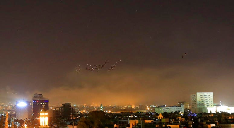 Damascus skies erupt with anti-aircraft fire Damascus skies erupt with anti-aircraft fire and smoke as the U.S. launches an attack on Syria targeting different parts of the Syrian capital Damascus, early Saturday, April 14, 2018. Damascus has been rocked by loud explosions.