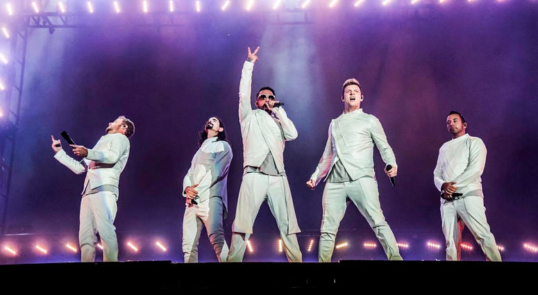 rian Littrell, from left, Kevin Richardson, AJ McLean, Nick Carter and Howie Dorough of the Backstreet Boys perform during the Festival d'ete de Quebec in Quebec City, Canada