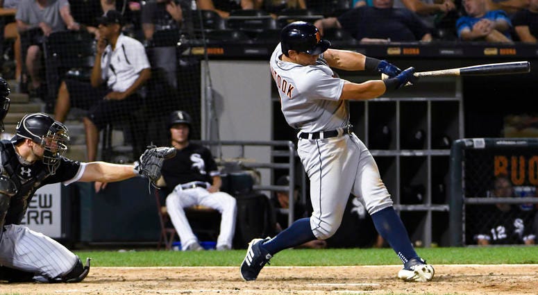 Detroit Tigers' Mikie Mahtook hits a two-run home run against the Chicago White Sox during the eighth inning of a baseball game Tuesday, Sept. 4, 2018, in Chicago.