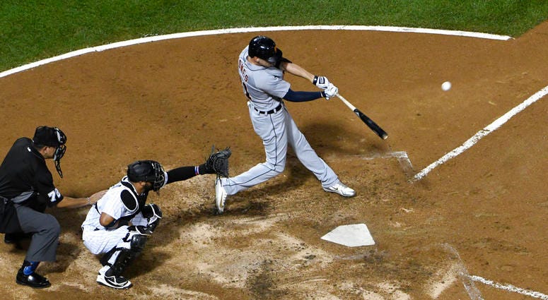 Detroit Tigers' JaCoby Jones (21) hits a home run against the Chicago White Sox during the fourth inning of a baseball game, Wednesday, Sept. 5, 2018, in Chicago.