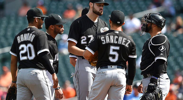 Chicago White Sox starting pitcher Lucas Giolito, center, talks with his infielders after giving up five runs to the Baltimore Orioles in the first inning of a baseball game, Sunday, Sept. 16, 2018, in Baltimore. (AP Photo/Gail Burton) Chicago White Sox starting pitcher Lucas Giolito, center, talks with his infielders after giving up five runs to the Baltimore Orioles in the first inning of a baseball game, Sunday, Sept. 16, 2018, in Baltimore. (AP Photo/Gail Burton)