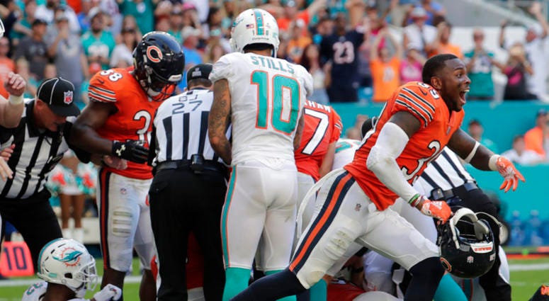 Chicago Bears free safety Eddie Jackson (39) yells to his team after Miami Dolphins running back Kenyan Drake (32) fumbles the ball during overtime at an NFL football game, Sunday, Oct. 14, 2018, in Miami Gardens, Fla. (AP Photo/Lynne Sladky) Chicago Bears free safety Eddie Jackson (39) yells to his team after Miami Dolphins running back Kenyan Drake (32) fumbles the ball during overtime at an NFL football game, Sunday, Oct. 14, 2018, in Miami Gardens, Fla. (AP Photo/Lynne Sladky)