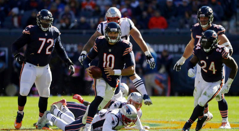 Chicago Bears quarterback Mitchell Trubisky (10) scramble sduring the second half of an NFL football game against the New England Patriots Sunday, Oct. 21, 2018, in Chicago. (AP Photo/Nam Y. Huh) Chicago Bears quarterback Mitchell Trubisky (10) scramble sduring the second half of an NFL football game against the New England Patriots Sunday, Oct. 21, 2018, in Chicago. (AP Photo/Nam Y. Huh)