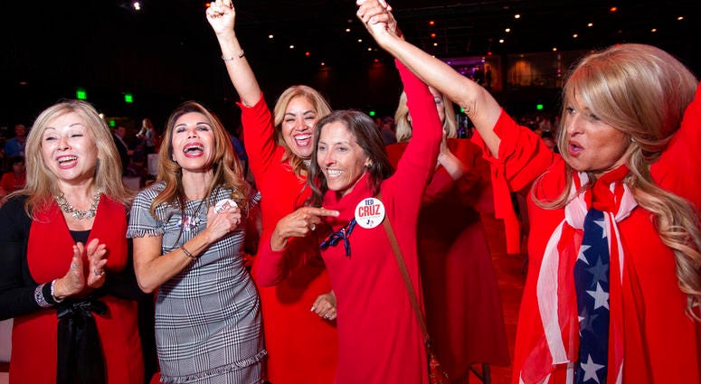 Members of the Trumpettes celebrate as incumbent U.S. Sen. Ted Cruz, R-Texas, is announced as the winner over Democratic challenger Rep. Beto O'Rourke in a tightly contested race at the Dallas County Republican Party election night watch party on Tuesday, Members of the Trumpettes celebrate as incumbent U.S. Sen. Ted Cruz, R-Texas, is announced as the winner over Democratic challenger Rep. Beto O'Rourke in a tightly contested race at the Dallas County Republican Party election night watch party on Tuesday,