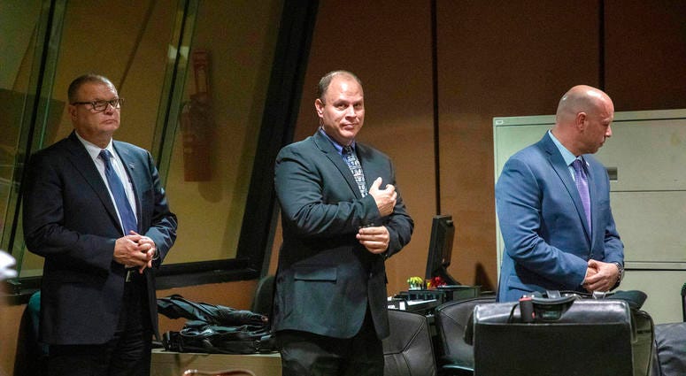 Former Detective David March, Chicago Police Officer Thomas Gaffney and former officer Joseph Walsh appear at a pre-trial hearing at Leighton Criminal Court Building in Chicago.