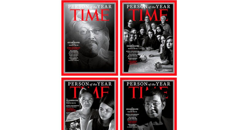 This combination photo provided by Time Magazine shows their four covers for the "Person of the Year," announced Tuesday, Dec. 11, 2018.