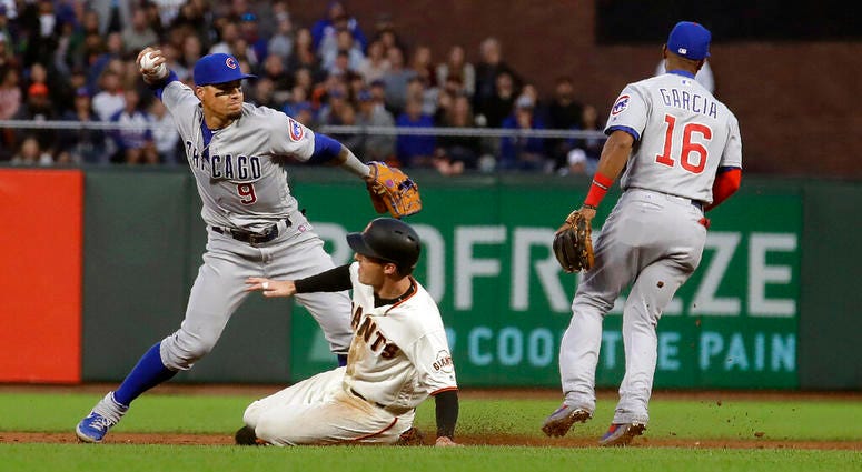 Chicago Cubs shortstop Javier Baez, left, throws to first base after forcing out San Francisco Giants' Mike Yastrzemski, center, at second base on a double play hit into by Pablo Sandoval during the fifth inning of a baseball game in San Francisco, Monday Chicago Cubs shortstop Javier Baez, left, throws to first base after forcing out San Francisco Giants' Mike Yastrzemski, center, at second base on a double play hit into by Pablo Sandoval during the fifth inning of a baseball game in San Francisco, Monday