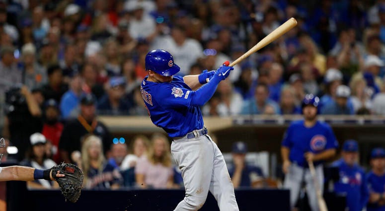 Chicago Cubs' Nico Hoerner hits a two-RBI triple during the fifth inning of a baseball game against the San Diego Padres Monday, Sept. 9, 2019, in San Diego. Chicago Cubs' Nico Hoerner hits a two-RBI triple during the fifth inning of a baseball game against the San Diego Padres Monday, Sept. 9, 2019, in San Diego.