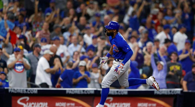 Chicago Cubs' Jason Heyward reacts after hitting a home run during the eighth inning of the team's baseball game against the San Diego Padres on Tuesday, Sept. 10, 2019, in San Diego. Chicago Cubs' Jason Heyward reacts after hitting a home run during the eighth inning of the team's baseball game against the San Diego Padres on Tuesday, Sept. 10, 2019, in San Diego.