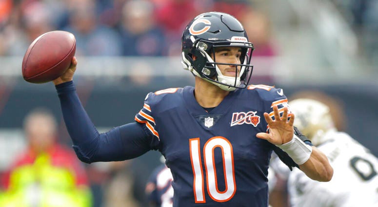 Chicago Bears quarterback Mitchell Trubisky (10) throws during the first half of an NFL football game against the New Orleans Saints in Chicago, Sunday, Oct. 20, 2019. Chicago Bears quarterback Mitchell Trubisky (10) throws during the first half of an NFL football game against the New Orleans Saints in Chicago, Sunday, Oct. 20, 2019.