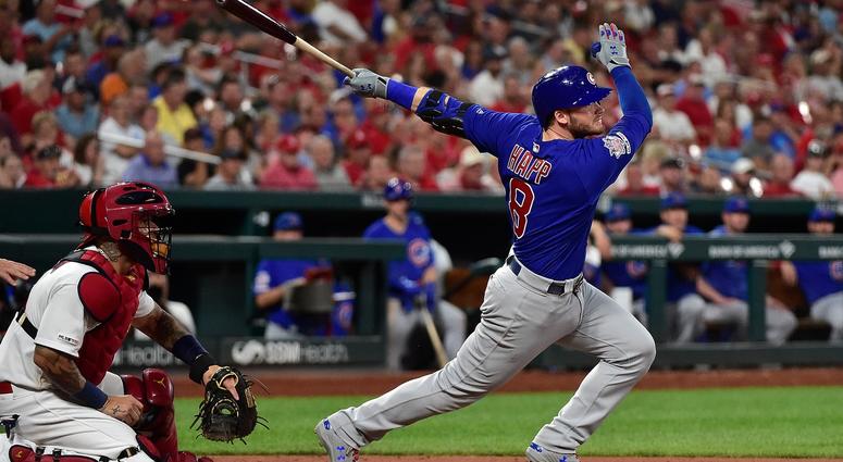 Chicago Cubs third baseman Ian Happ (8) hits a one run double off of St. Louis Cardinals relief pitcher Andrew Miller (not pictured) during the seventh inning at Busch Stadium. Chicago Cubs third baseman Ian Happ (8) hits a one run double off of St. Louis Cardinals relief pitcher Andrew Miller (not pictured) during the seventh inning at Busch Stadium.