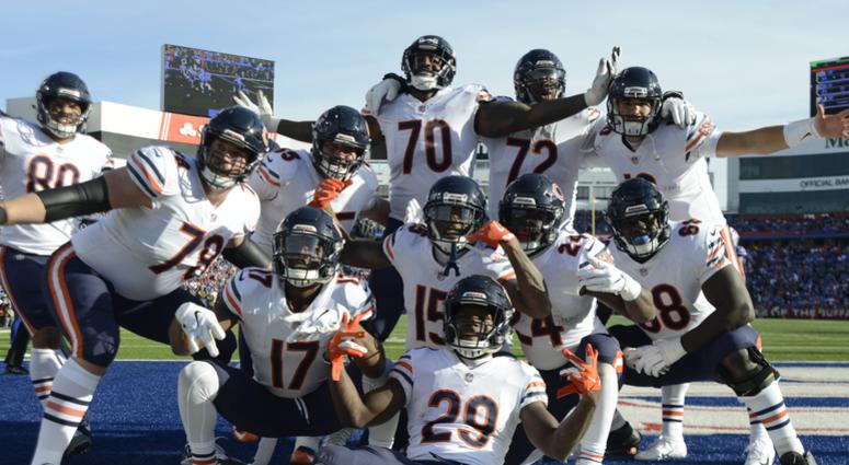 Nov 4, 2018; Orchard Park, NY, USA; The Chicago Bears offense poses after a rushing touchdown by running back Tarik Cohen (29) against the Buffalo Bills during the second quarter at New Era Field. Nov 4, 2018; Orchard Park, NY, USA; The Chicago Bears offense poses after a rushing touchdown by running back Tarik Cohen (29) against the Buffalo Bills during the second quarter at New Era Field.