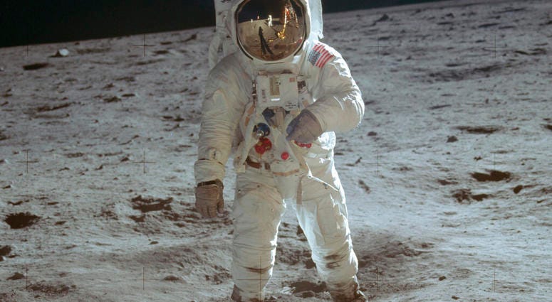 In this July 20, 1969 photo made available by NASA, astronaut Buzz Aldrin, lunar module pilot, walks on the surface of the moon during the Apollo 11 extravehicular activity. In this July 20, 1969 photo made available by NASA, astronaut Buzz Aldrin, lunar module pilot, walks on the surface of the moon during the Apollo 11 extravehicular activity.