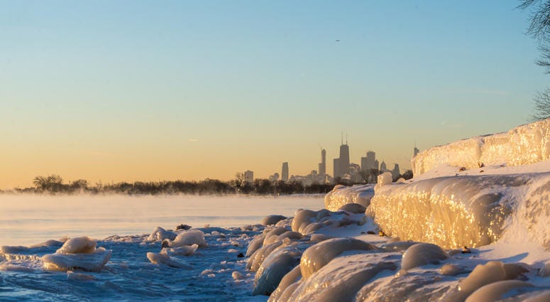 Chicago’s lakefront is frozen over Friday morning as temperatures drop below zero, Friday, Jan. 25, 2019, in Chicago.