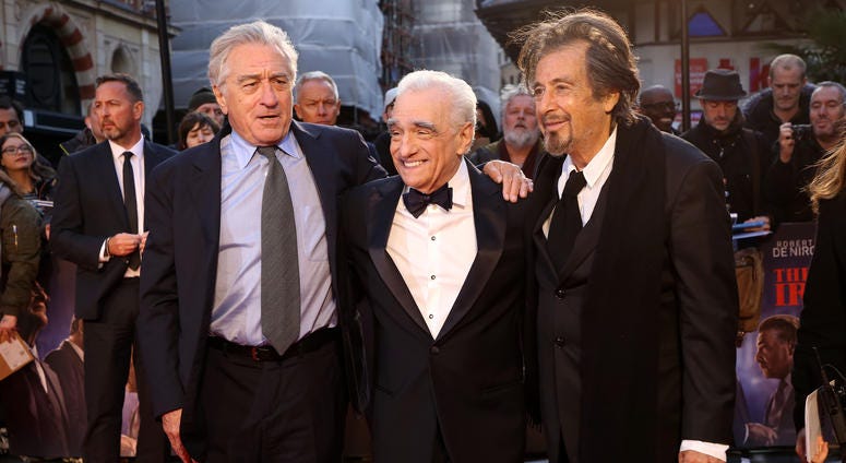 (L-R) Robert De Niro, Martin Scorsese and Al Pacino attend "The Irishman" International Premiere and Closing Gala during the 63rd BFI London Film Festival at the Odeon Luxe Leicester Square on October 13, 2019 in London, England. (L-R) Robert De Niro, Martin Scorsese and Al Pacino attend "The Irishman" International Premiere and Closing Gala during the 63rd BFI London Film Festival at the Odeon Luxe Leicester Square on October 13, 2019 in London, England.