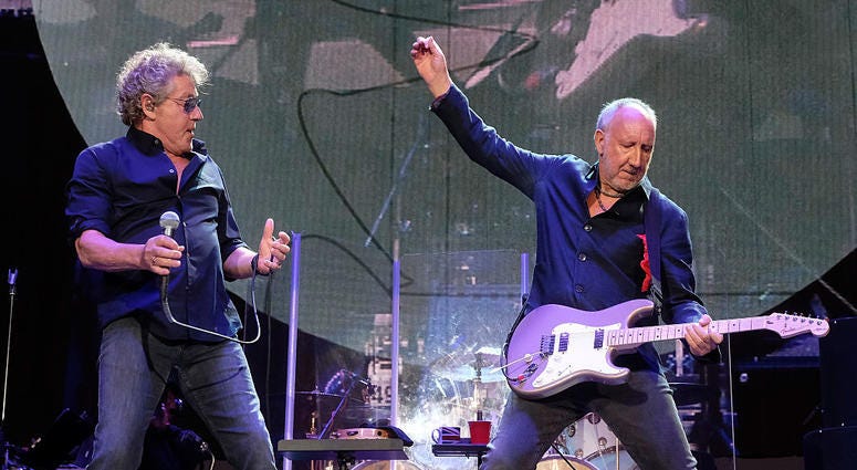 Musicians Roger Daltrey (L) and Pete Townshend of The Who perform during Desert Trip at the Empire Polo Field on October 16, 2016 in Indio, California.