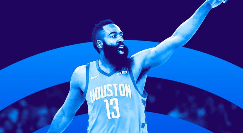 James Harden James Harden of the Houston Rockets points during the NBA Playoffs.