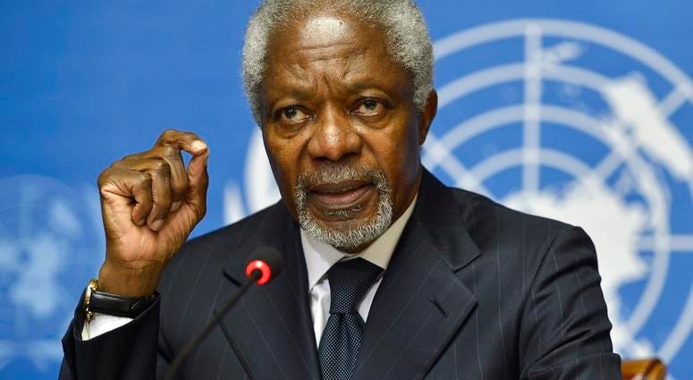 FILE - In this Thursday Aug. 2, 2012 file photo Kofi Annan speaks during a press briefing, at the European headquarters of the United Nations. UN, in Geneva, Switzerland. FILE - In this Thursday Aug. 2, 2012 file photo Kofi Annan speaks during a press briefing, at the European headquarters of the United Nations. UN, in Geneva, Switzerland.