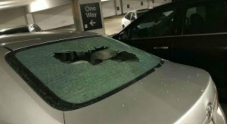 A vehicle with a broken rear windshield at a garage in the first block of East Adams Street, where 17 vehicles were damaged, Aug. 14, 2019. A vehicle with a broken rear windshield at a garage in the first block of East Adams Street, where 17 vehicles were damaged, Aug. 14, 2019.