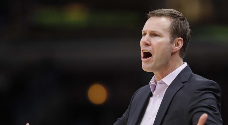 Chicago Bulls head coach Fred Hoiberg protests a call against his team during the first half at United Center.