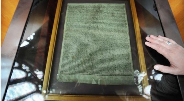 Magna Carta displayed in Salisbury Cathedral.