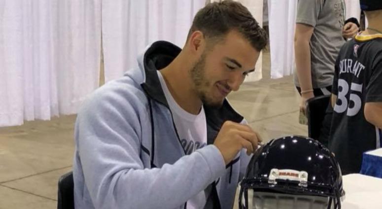 Bears QB Mitch Trubisky signs a helmet at the Chicago Sports Spectacular. Bears QB Mitch Trubisky signs a helmet at the Chicago Sports Spectacular.