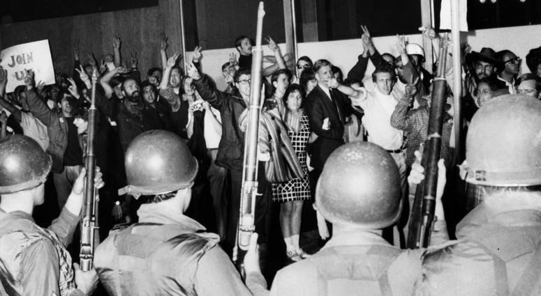 A 1968 Chicago Tribune staff photo of the National Guard confronting anti-war protesters in Chicago during the National Democratic Convention.