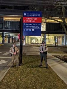 Troopers Sniskso (front) and Cibrian (rear) outside the University of Chicago Medical Center Nov. 26, 2019.