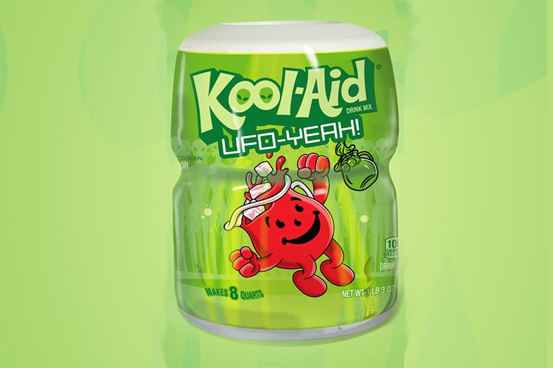 A canister of Kool-Aid's limited-edition UFO-Yeah Intergalactic Green flavor celebrating Area 51.