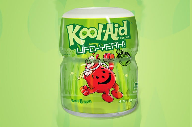 A canister of Kool-Aid's limited-edition UFO-Yeah Intergalactic Green flavor celebrating Area 51.