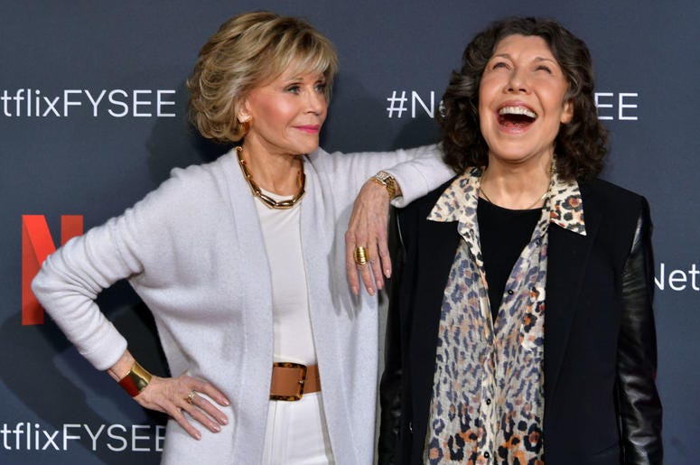 Grace and Frankie Jane Fonda and Lily Tomlin attend the Netflix FYSEE "Grace and Frankie" ATAS Official Red Carpet and Panel at Raleigh Studios on May 18, 2019 in Los Angeles, California.