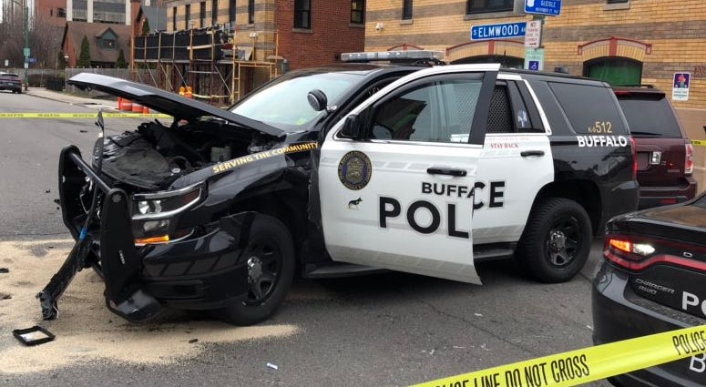 Buffalo Police cruiser accident at South Elmwood and Chippewa. April 10, 2019 (WBEN Photo/Mike Baggerman)
