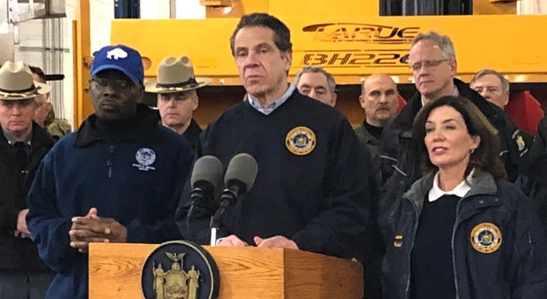Governor Andrew Cuomo, Lieutenant Governor Kathy Hochul, and Buffalo Mayor Byron Brown briefing in Cheektowaga. January 30, 2019 (WBEN Photo/Mike Baggerman)