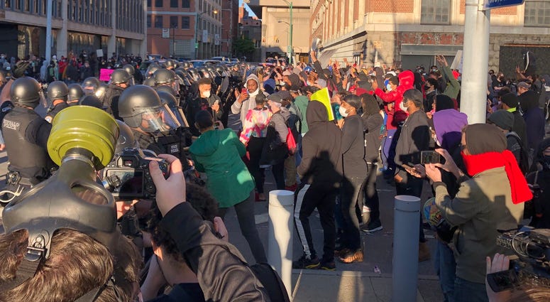 Demonstrators approach Buffalo Police during riots in Buffalo. May 30, 2020 WBEN Photo/Brendan Keany Demonstrators approach Buffalo Police during riots in Buffalo. May 30, 2020 WBEN Photo/Brendan Keany
