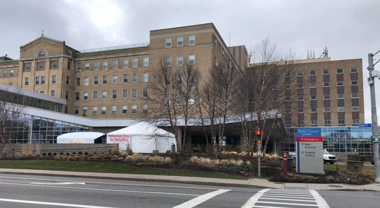 Triage tent set up outside of Mercy Hospital in Buffalo. March 27, 2020 (WBEN Photo/Mike Baggerman) Triage tent set up outside of Mercy Hospital in Buffalo. March 27, 2020 (WBEN Photo/Mike Baggerman)