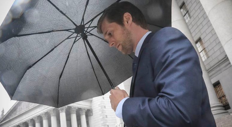 Cameron Collins, son of former Rep. Chris Collins, leaving court after he pleaded guilty to insider trading in October. (Bebeto Matthews/AP)