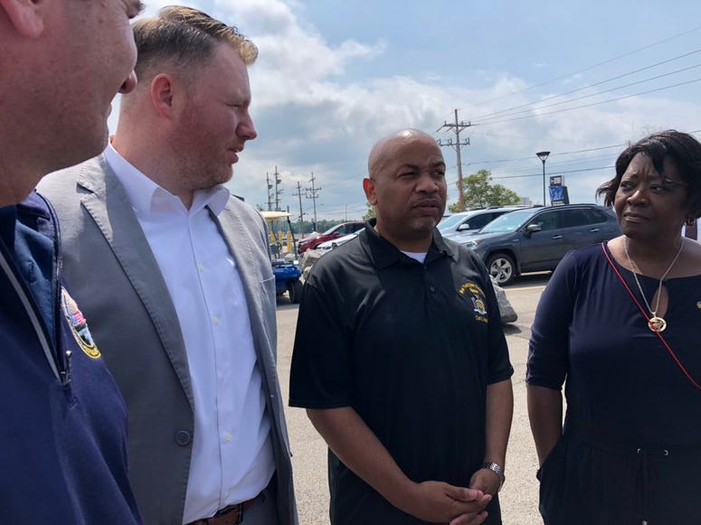 Carl Heastie with Assemblyman Pat Burke, Assembly Majority Leader Crystal Peoples Stokes, and Erie County Executive Mark Poloncarz at New Era Field. August 13, 2019 (WBEN Photo/Mike Baggerman)