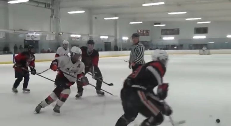 Screenshot from video where Cheektowaga hockey players make monkey noises at Amherst hockey who is black. (Screenshot courtesy of Bob Kazee)