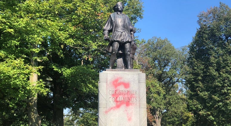 Columbus Statue vandalized at Columbus Park. October 8, 2018 (WBEN Photo/Brendan Keany)