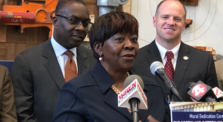Crystal Peoples Stokes speaking at a mural dedication event at the Northland Workforce Training Center. September 2018 (WBEN Photo/Mike Baggerman)