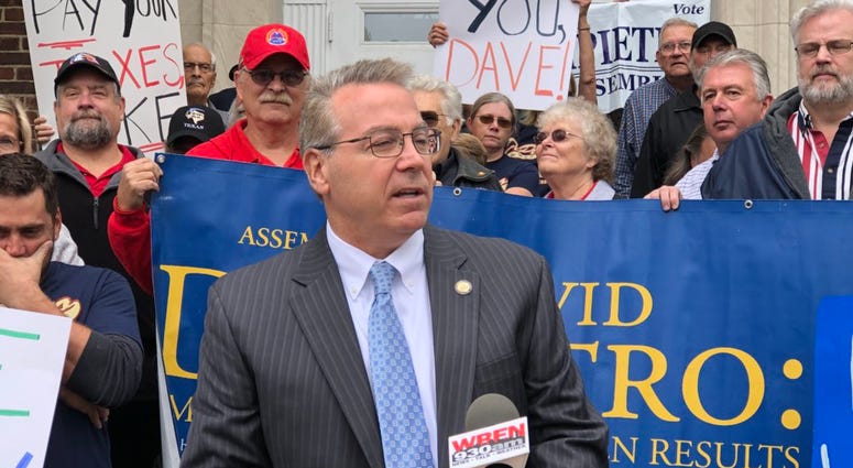 David DiPietro speaking with supporters outside East Aurora Village Hall. October 3, 2018 (WBEN Photo/Mike Baggerman)