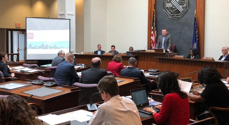 Members of the Erie County Legislature's Economic Development committee meet with HVS Consulting and Visit Buffalo Niagara for a briefing on a new convention center. October 11, 2018 (WBEN Photo/Mike Baggerman)