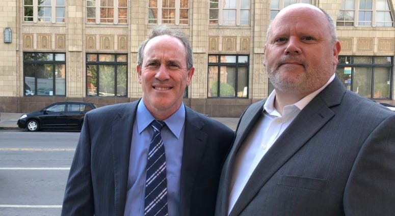 James Faluszczak and Paul Barr outside the Diocese of Buffalo. August 14, 2019 (WBEN Photo/Mike Baggerman)