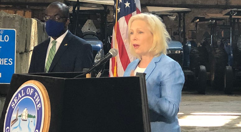 US Senator Kirsten Gillibrand pushes for federal funding for local governments with Buffalo Mayor Byron Brown. July 3, 2020 (WBEN Photo/Mike Baggerman) US Senator Kirsten Gillibrand pushes for federal funding for local governments with Buffalo Mayor Byron Brown. July 3, 2020 (WBEN Photo/Mike Baggerman)