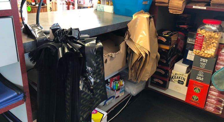 Plastic bags at Straight Up Wines & Liquors in Kenmore. January 24, 2020 (WBEN Photo/Mike Baggerman) Plastic bags at Straight Up Wines & Liquors in Kenmore. January 24, 2020 (WBEN Photo/Mike Baggerman)