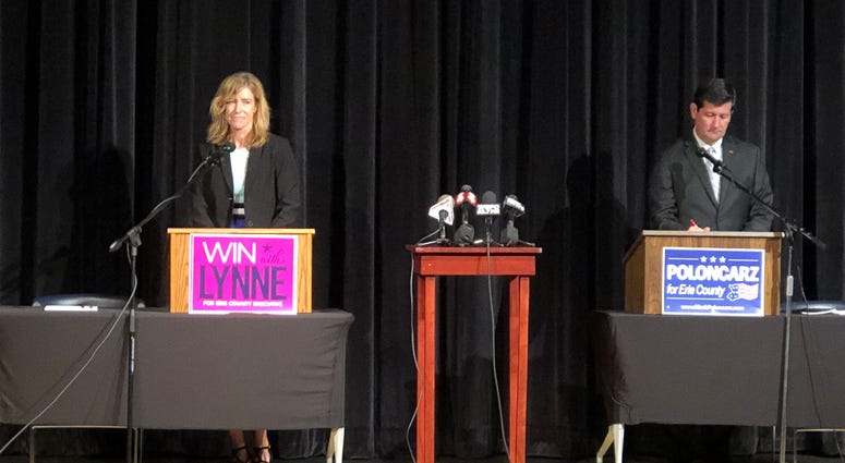 Lynne Dixon and Mark Poloncarz square off at a candidate forum at Hilbert College. October 2, 2019 (WBEN Photo/Mike Baggerman)