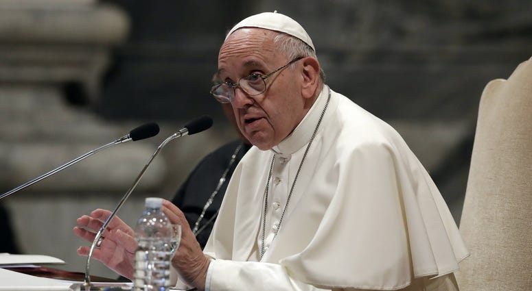 Pope Francis speaks during a meeting with the dioceses of Rome, at the Vatican Basilica of St. John Lateran, in Rome, Thursday, May 9, 2019.