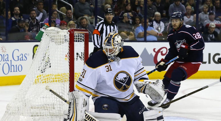 Oct 25, 2017; Columbus, OH, USA; Buffalo Sabres goalie Chad Johnson (31) makes a save against the Columbus Blue Jackets during the second period at Nationwide Arena. Oct 25, 2017; Columbus, OH, USA; Buffalo Sabres goalie Chad Johnson (31) makes a save against the Columbus Blue Jackets during the second period at Nationwide Arena.